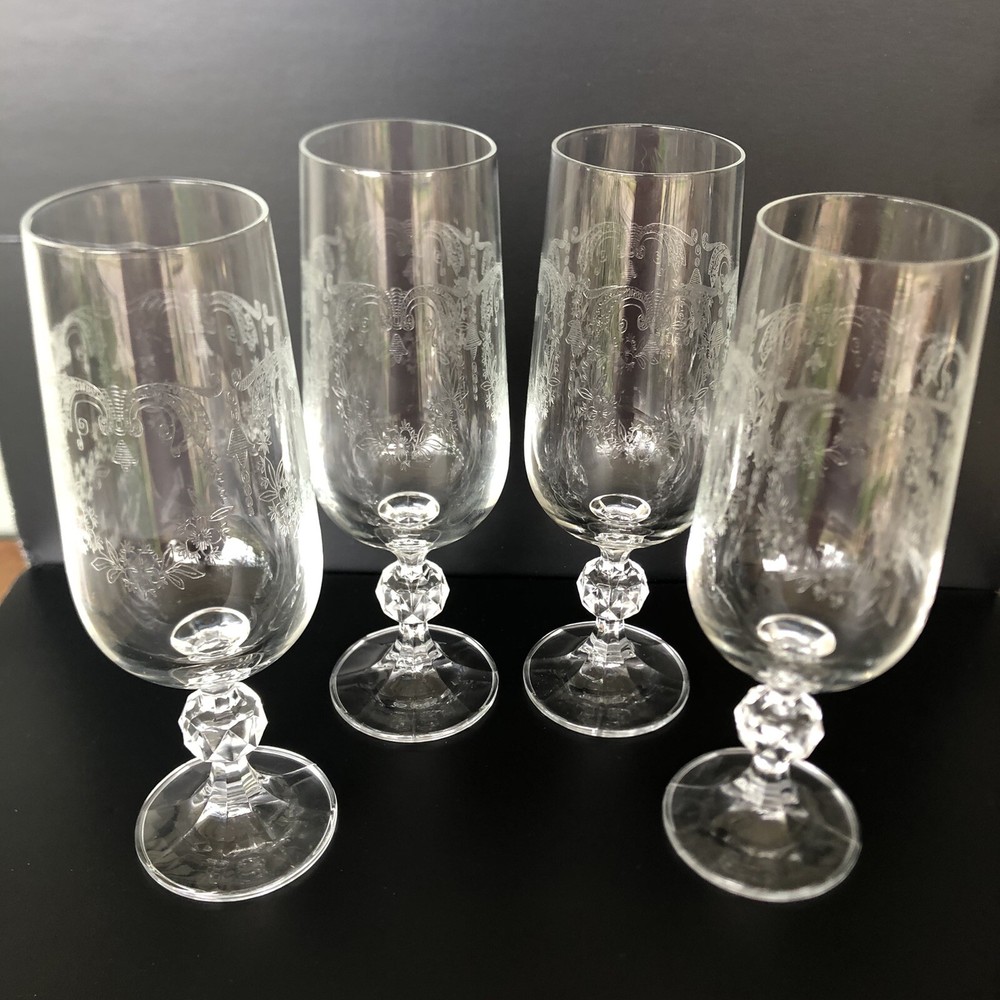 Set-4 Cascade Fluted Champagne Import Assoc. Etched Decorative Ball Stem Glasses
