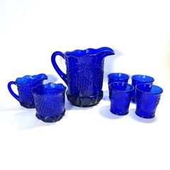 7 pc Vtg Mosser Cobalt Blue Lemonade Set Pitcher, 4 Tumblers, Sugar & Creamer