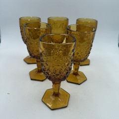 Set Of 6 Vintage L.E. Smith Amber Glass Daisy and Button Hexagon Footed Goblets