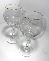 2 Vintage wine glasses, Lynn’s China Winter Snow Trees Gold Rim 7 3/4” Tall