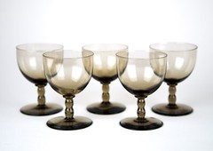 Daum Nancy Art Deco Smoke Gray Small Wine Glasses Set of 5 France Signed