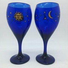 VINTAGE COBALT BLUE SUN MOON STARS CELESTIAL WINE GOBLET GLASS SET OF 2