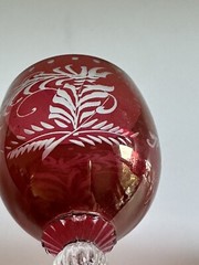 6 Vintage Bohemian Ruby Cut to Clear Crystal Cordial Glasses Leaf Fruit Design