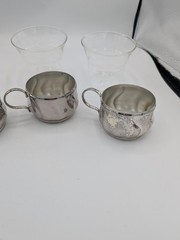 Vtg Borosilicate Glass Cup Set (3) W/ Swirled Metal Base Jenaer Glas Otto Schott
