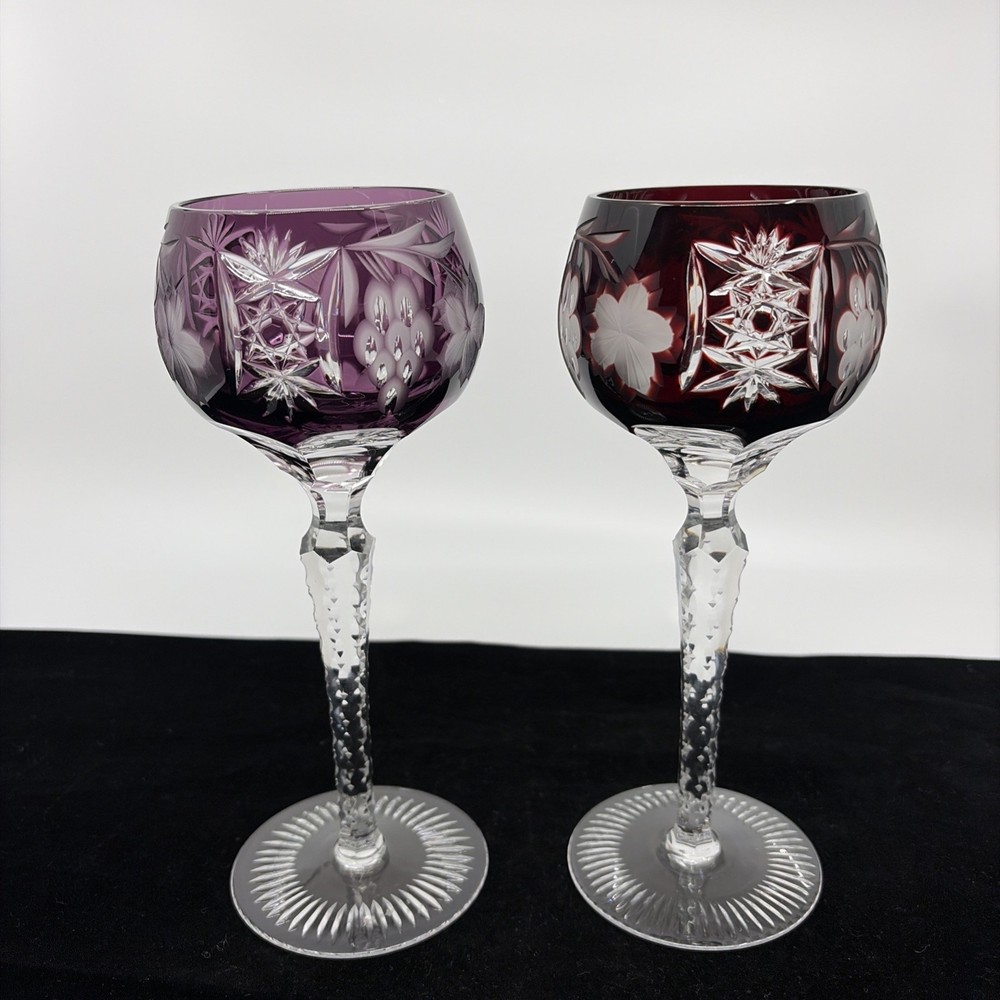 2 Ajka Marsala Tall Hock Wine Glasses Cut to Clear Ruby Red Amethyst 8″ Vintage