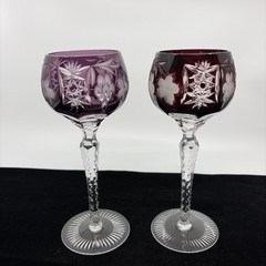 2 Ajka Marsala Tall Hock Wine Glasses Cut to Clear Ruby Red Amethyst 8″ Vintage