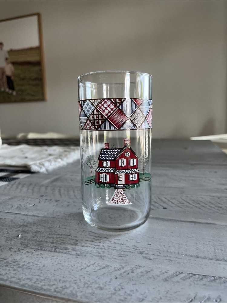 Vintage Libbey Home Sweet Home Glass Tumbler 16Oz 5 7/8″ Country House Patchwork