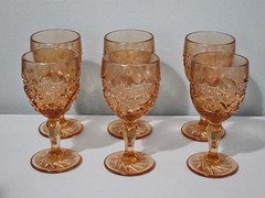 Vintage Degenheart Glass Buzz Saw Wine Goblet Peach Blow Set Of 6