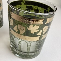 Vintage Cera Double Old Fashioned Glasses 3 Gold Green Grapevine Column Cocktail