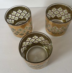 Vintage Set of 3 Culver Valencia Tumbler Glass with 24k Gold and Green Diamonds