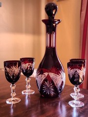Vintage Czech? Ruby Cut To Clear Glass 11″ Decanter & 4 Glasses 5.25″