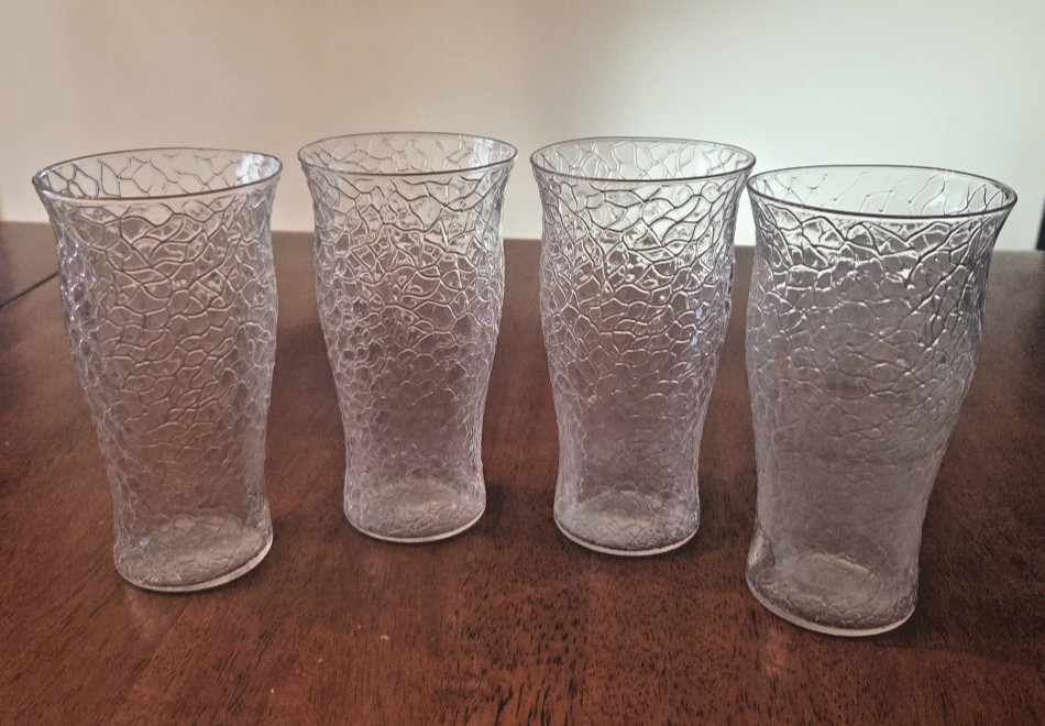 Set Of 4 L.E. Smith By Cracky Clear Glass Drinking Crackle Tumblers 5.5″ Vintage