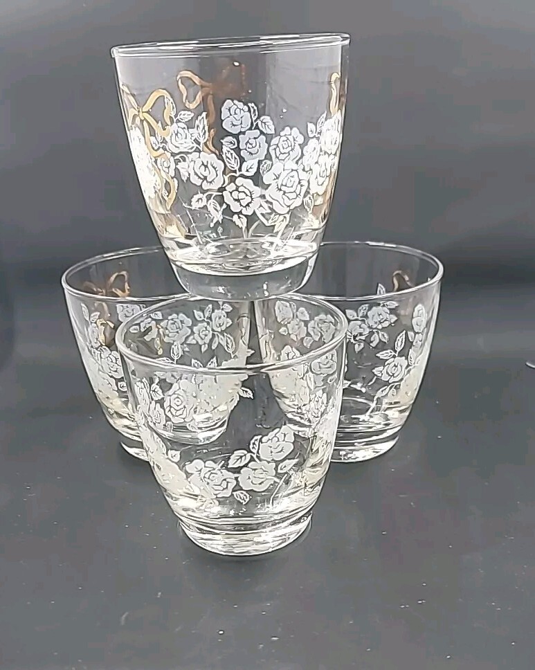 VTG Libbey 8oz.Tumblers Drinking Glasses White Roses Gold Bow Gold Rim set of 4