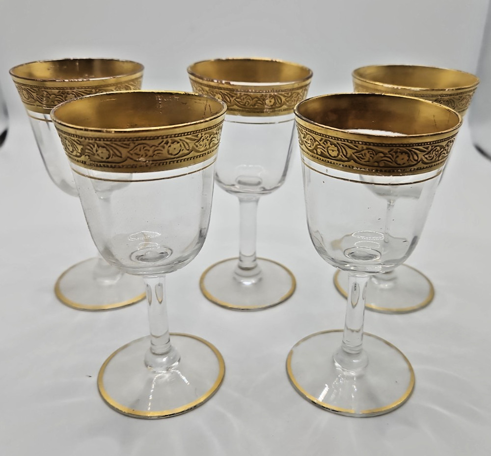 Set of 5 Tiffin Franciscan Crystal Cordial Glasses – Raised Gold Gilt – Nice!