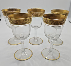 Set of 5 Tiffin Franciscan Crystal Cordial Glasses – Raised Gold Gilt – Nice!
