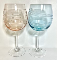 Set of 2 Laura Glasses Blue,Peach Etched Balloon Shape Wine Goblets 8 1/2”