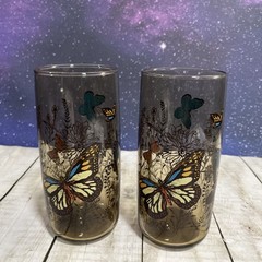 VTG 2 Libbey Amber Monarch Butterfly and Wheat Tumblers Glasses 16oz