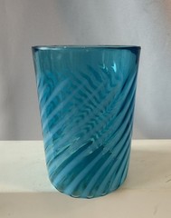 Antique Victorian Glass Tumbler Blue Opalescent Swirl Stripes 3.75” Tall