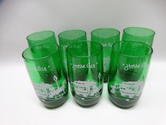 7 Vintage Anchor Hocking Forest Green Horse Car Roly Poly Drinking Glasses
