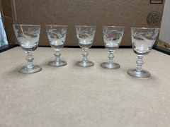 Set of 5 Vintage 3.5 inch Etched/Cut Floral Sherry/Cordial Stemware Shot Glasses