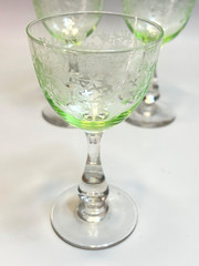 3 Antique French St.Louis Crystal Vaseline Uranium Etched Glass Cup Wine Goblets