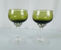 2 Vtg. SASAKI Coronation Dark Green Cocktail Martini Champagne Sherbet Glass 4oz