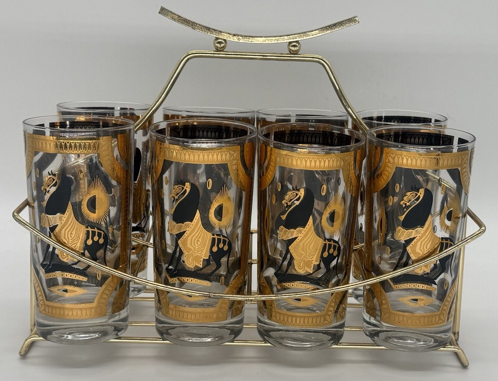 Fred Press Signed 22 Karat Gold Highball Glasses – Set of 8 – 1960s MCM Barware