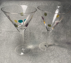 Set of 2 Martini Glasses Polka Dot Design Clear Glass 7.5″ Tall Barware Decor