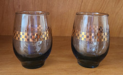 2 VTG MCM Libbey Roly Poly Gold check Purina? 8 oz tumblers blue gray base NF