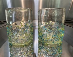 hand blown Recycled Textured Glass Tumblers (2) 4” Tall 3” Wide