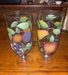 2 Vtg Block Basics Orchard 20oz Fruit Pedestal Tea Glasses Plum Grapes Pear