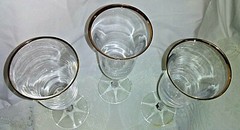 3 Gold Rimmed Tulip 8″ Champagne Glasses-Diamond Shape Bulb Top on Column Stem