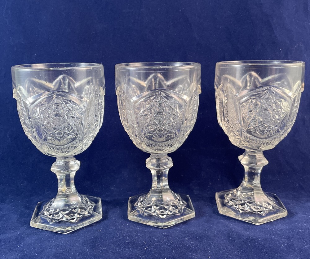 3 EAPG Indiana Glass «TOGO» aka Bismarc Star, Twin Feathers Wine Glasses 1906