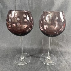 Mikasa Cheers Balloon Wine Glasses Goblets Purple Crystal Etched ~9” Set Of 2