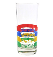 Coca Cola Coke Rainbow Stripe Glass Tumbler Vintage 1980s Red Blue yellow Green