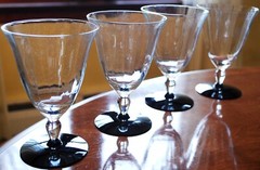 Vintage Set 6 Weston OPTIC PANEL w BLACK FOOT WATER GOBLET GLASSES Hand Blown
