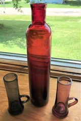 Vintage Hand Blown Glass Bottle & Two Tall Shot Tea Glasses Handles Rare Unusual