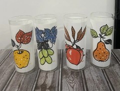 4 Vintage T. Elliot Mid Century High Ball Drinking Glasses Fruit Design Frosted