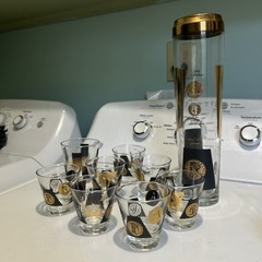 VTG barware Cera 22K gold & black design w/ American coin motifs MCM