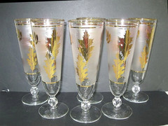 Libbey Frosted Gold Leaf Glasses Mid Century Barware Pilsner Set of 6 Vintage