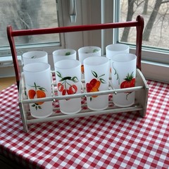 8 Vntg Federal Frosted Fruit Vegetable Juice Glass Set W/Wooden Carrier 1950’s