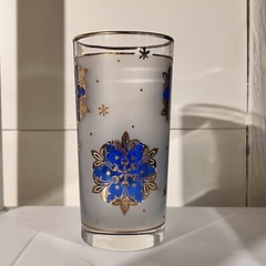 Frosted Blue Gold Snowflake Tumbler Libbey 12oz Mid Century Barware 1960s