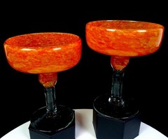 Mexican Art Glass Hand Blown Orange & Clear Swirl 2 Pce 6 1/4″ Margarita Glasses