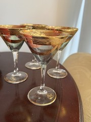 SET (4) CRISTAL MODE ITALY BLUE/PINK IRIDESCENT MARTINI Glasses GOLD TRIM NEW
