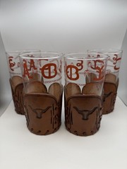 Libbey Vtg Bamco Western Highball Glasses Leather Longhorn Sleeves Set of 4