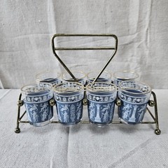 VTG Wedgewood Jasperware Blue Greek Hellenic Barware 8 Shot Glasses Brass Caddy