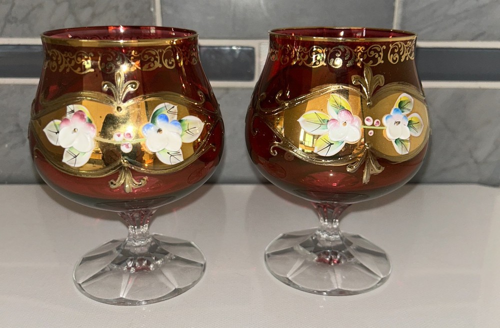 Vt Bohemian Czech Ruby Red Cordial Glasses, Hand Painted Enamel Floral, Pair