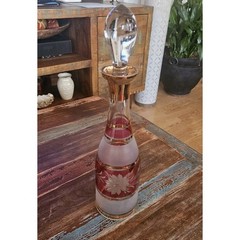 Vintage Frosted Cut Glass Traube Cranberry Red & Gold Decsnter 16″ Tall Pretty!