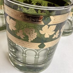 Vintage Cera Double Old Fashioned Glasses 3 Gold Green Grapevine Column Cocktail
