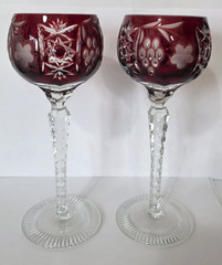 Pair of AJKA MARSALA Ruby Red Cut To Clear 24% PBO Crystal Hock Wine Glasses